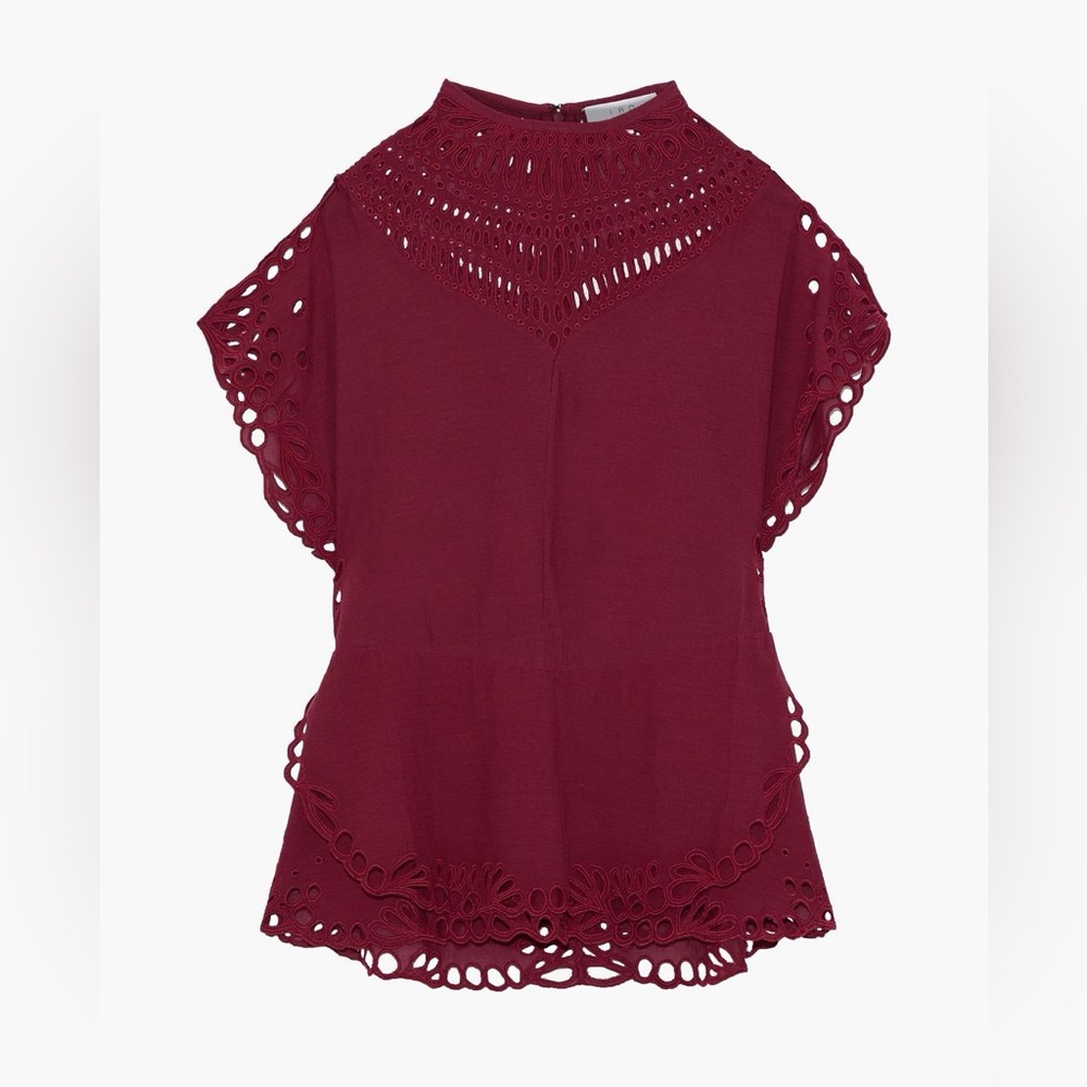 IRO Jalaspe Broderie Anglaise Voile Peplum Top - Claret NWT Size 34 (US XS)